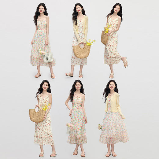 【专属特价】熙世界可露丽穿搭碎花V领吊带连衣裙女夏季荷叶边超好看绝美裙子 商品图1