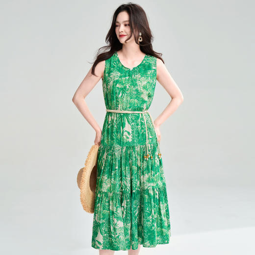 丁摩 夏季 绿野仙踪 绿色印花大裙摆背心裙度假风无袖连衣裙5ZF-25055 商品图1