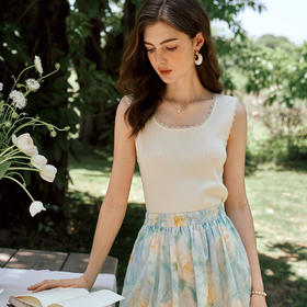 OLrain欧芮儿法式方领无袖花边毛针织套头衫夏季2025新款吊带背心