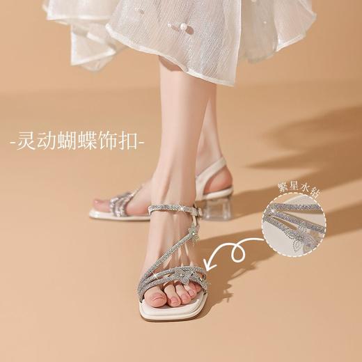ZHR水钻蝴蝶结凉鞋银色粗跟凉鞋2025夏新款一字带高跟鞋中跟女鞋 商品图5