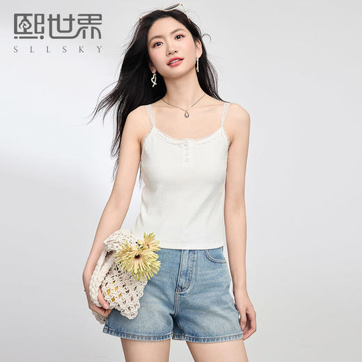 【专属特价】熙世界蕾丝花边白色吊带小背心女内搭设计感短款打底上衣夏季外穿 商品图0