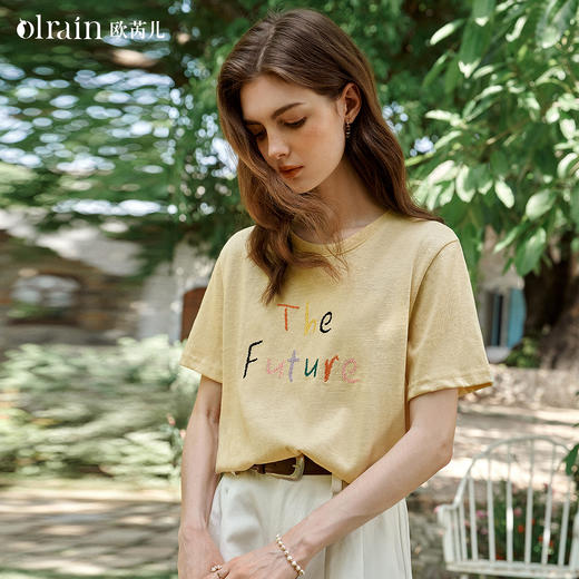 OLrain欧芮儿法式减龄趣味彩色字母刺绣T恤夏季2025新款短袖上衣 商品图0