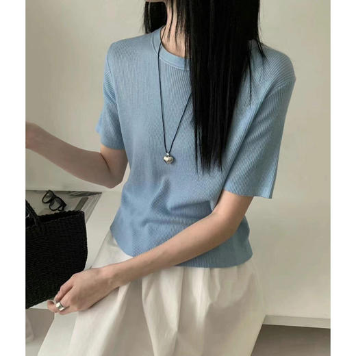 丁摩 春夏桑蚕丝+羊毛软糯舒适短袖针织衫时尚休闲条纹T恤上衣5ZF-25177 商品图3