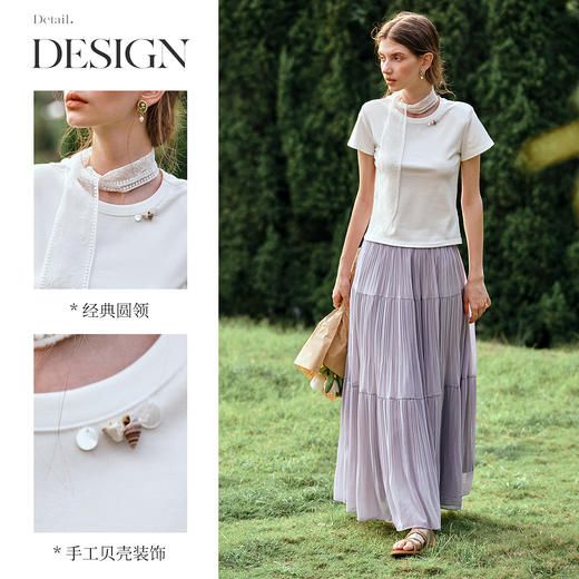 OLrain欧芮儿贝壳装饰白色显瘦T恤夏季2025新款百搭修身短款上衣 商品图1