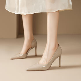 【预售5天】里外全皮！浅黄色高跟鞋女细跟性感新款漆皮尖头气质裸色侧空单鞋FDJ&YC--240