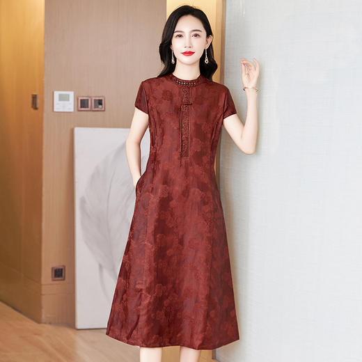 KQ-621625品质大码收腰显瘦红莨香云纱连衣裙夏复古国风中式提花中长裙 商品图1