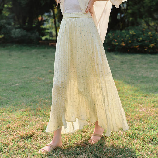 OLrain欧芮儿黄色波点压褶A字半身裙夏季2025新款高腰气质中长裙 商品图2