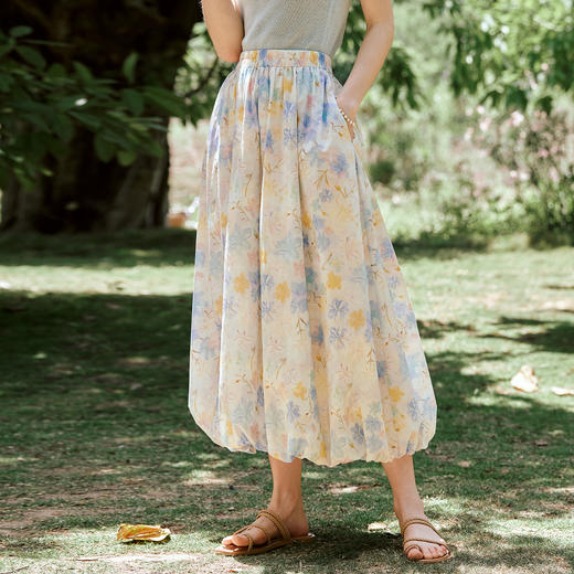 OLrain欧芮儿法式浪漫花色橡筋腰花苞裙女夏季2025新款休闲裙子 商品图3