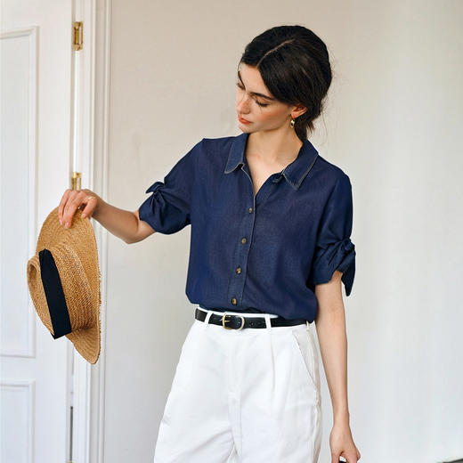 Olrain欧芮儿牛仔衬衫女2025春季新款复古港风翻领外套小个子宽松 商品图0