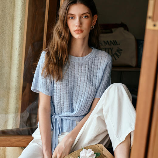 OLrain欧芮儿蓝色圆领绑带套头短袖针织衫女夏季2025新款别致上衣 商品图3