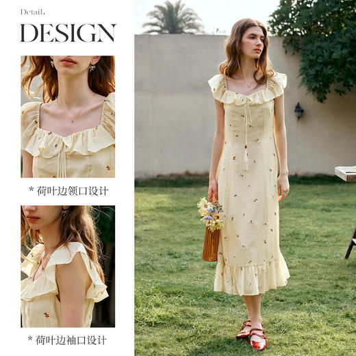 OLrain欧芮儿女夏季2025年新款黄色荷叶边方领收腰显瘦碎花连衣裙 商品图1