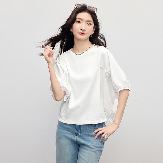 【周末秒杀】熙世界蝙蝠袖天丝白色T恤女宽松休闲独特设计感上衣夏日淡人穿搭 商品图2