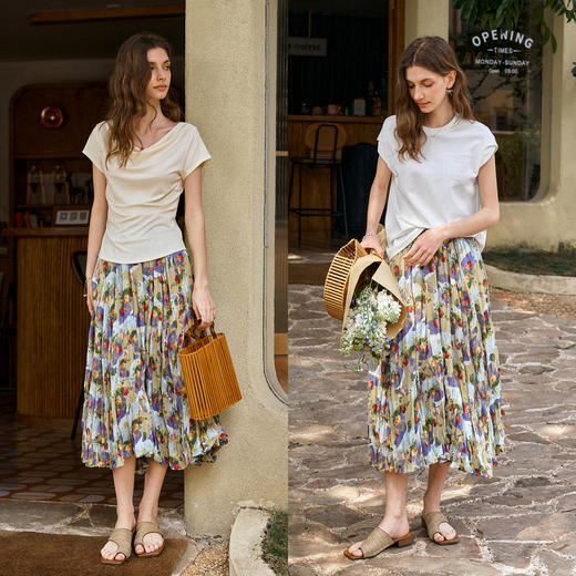 OLrain欧芮儿印花压褶法式度假半身裙女夏季2025新款油画风A字裙 商品图3
