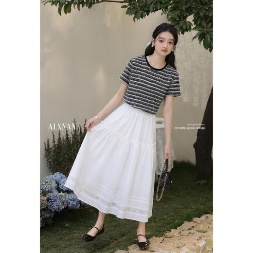 鹿向南「织纹逸趣」条纹小香风t恤女夏新款独特好看正肩短袖上衣L55028 商品图2