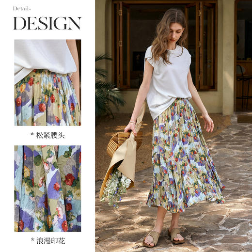 OLrain欧芮儿印花压褶法式度假半身裙女夏季2025新款油画风A字裙 商品图1