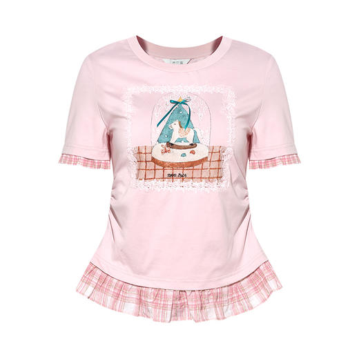 两三事甜乡梦马2025夏新款格子荷叶边印花短袖t恤女宽松 商品图4