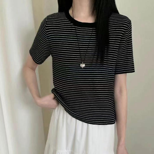丁摩 春夏桑蚕丝+羊毛软糯舒适短袖针织衫时尚休闲条纹T恤上衣5ZF-25177 商品图0