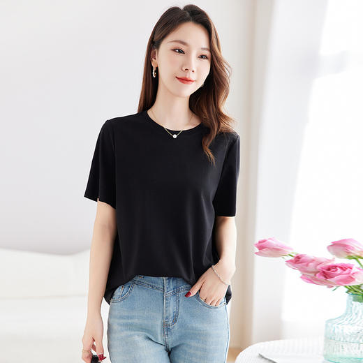 丁摩 【真丝混纺再生纤维】夏季新款圆领显瘦T恤女宽松百搭打底衫5ZF-9060 商品图1
