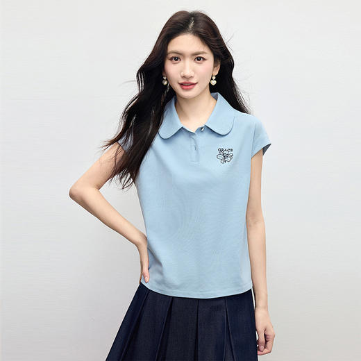 【五折购】熙世界Polo领正肩t恤女夏2025新款设计感刺绣休闲飞飞袖体恤上衣 商品图3