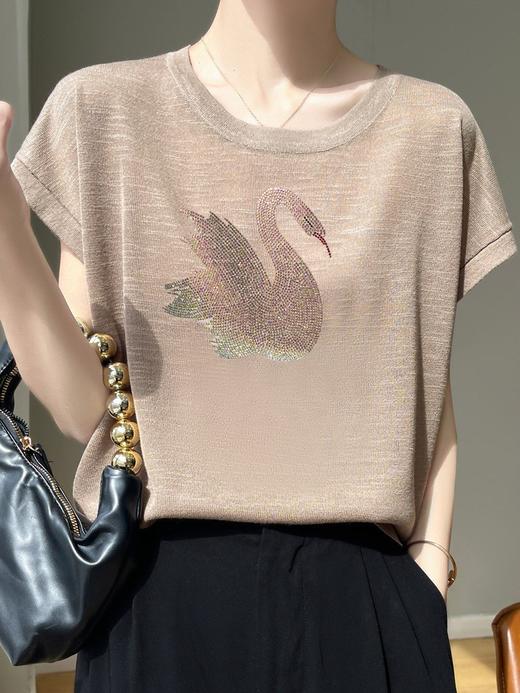 丁摩 百搭洋气圆领针织短袖t恤女夏季大码烫钻宽松百搭打底上衣新5ZF-2005 商品图6