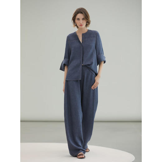 COCOBELLA褶皱肌理感无领七分袖衬衫撞色牛仔线上衣SR0069-2 商品图2