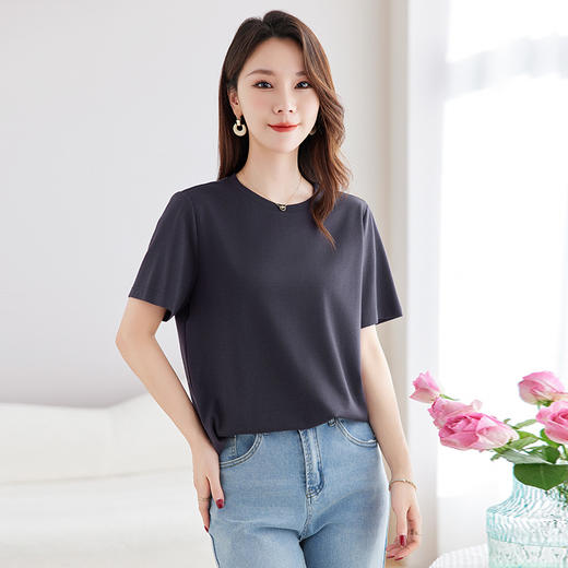 丁摩 【真丝混纺再生纤维】夏季新款圆领显瘦T恤女宽松百搭打底衫5ZF-9060 商品图3