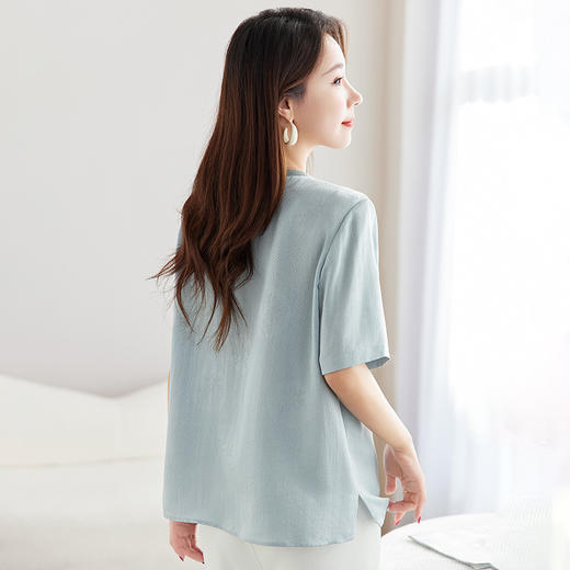 丁摩 【100%桑蚕丝花螺】新中式国风圆领小衫女纯色宽松短袖T恤女5ZF-9662 商品图3