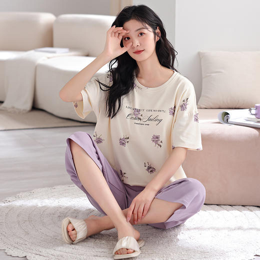 I‘d爱帝女士纯棉睡衣自带胸垫文艺印花短袖家居套 商品图2