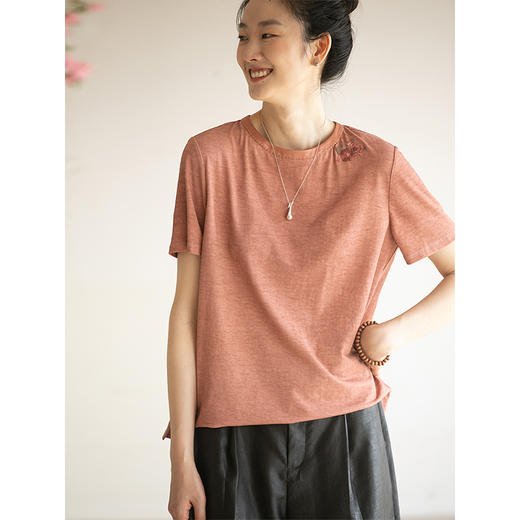 牧衣游原创 汉麻棉手工刺绣T恤女夏季新款炒色质朴百搭短袖 悦野 商品图3