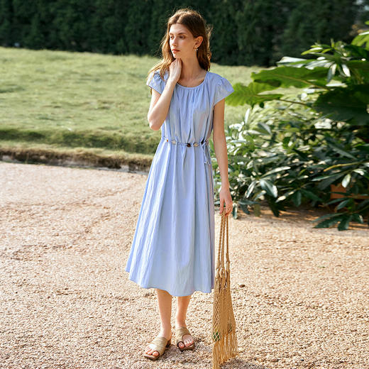 OLrain欧芮儿度假风串珠蓝色连衣裙女2025夏季新款法式独特掐腰裙 商品图4