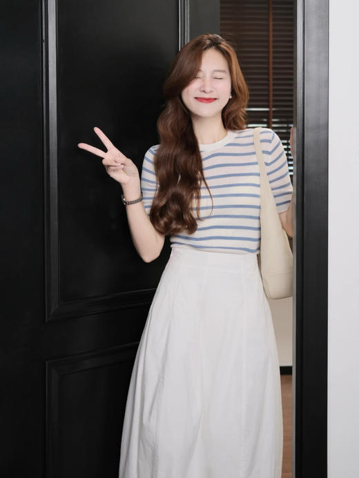 【百图lulu定制】【海魂衫】法式 蓝色条纹 透气凉爽 天丝 短袖针织衫 商品图6