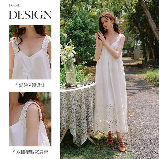 OLrain欧芮儿白色法式V领宽松刺绣连衣裙女夏季2025新款大摆长裙 商品图2