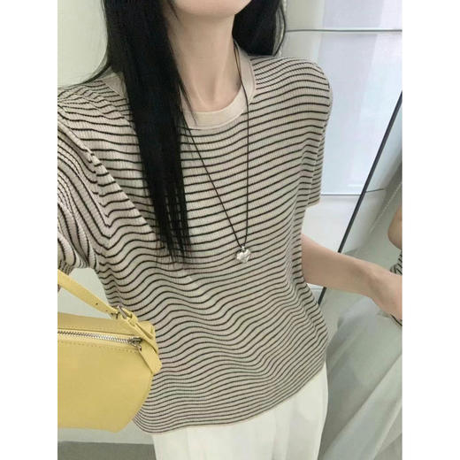 丁摩 春夏桑蚕丝+羊毛软糯舒适短袖针织衫时尚休闲条纹T恤上衣5ZF-25177 商品图2