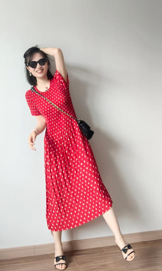 三宅牙签褶显瘦桑蚕丝南韩丝天丝小波点连衣裙 商品图5