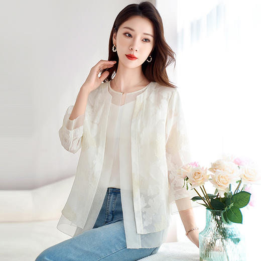 丁摩 非遗原创轻奢真丝乔其剪花开衫女夏轻薄防晒桑蚕丝休闲外套女5ZF-8912 商品图5