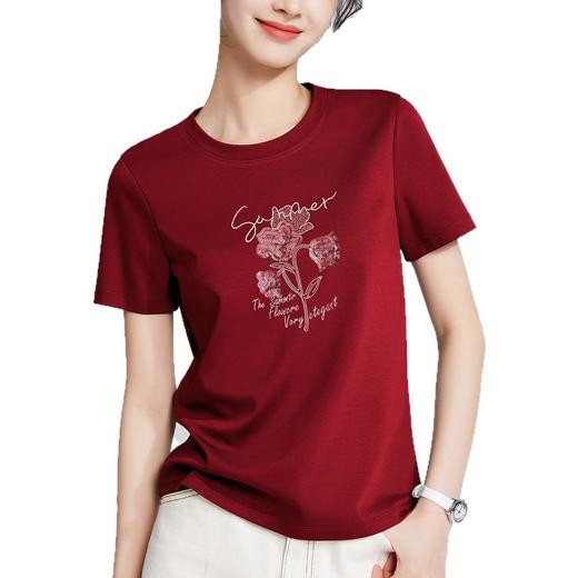 「自」全新升级【铂金会员109/天猫139/差价30】(20504)洛诗琳丝光棉珠片刺绣正肩T恤2025小众设计圆领短袖上衣20504 商品图4