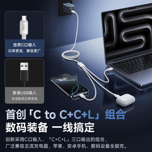 倍思 开元系列 快充充电线 Type-C to C+C+L 60W 1.1m 商品图1