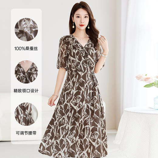 真丝双绉减龄显瘦，中大淑妈妈100%桑蚕丝印花连衣裙SM-82501033 商品图1