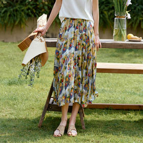 OLrain欧芮儿印花压褶法式度假半身裙女夏季2025新款油画风A字裙