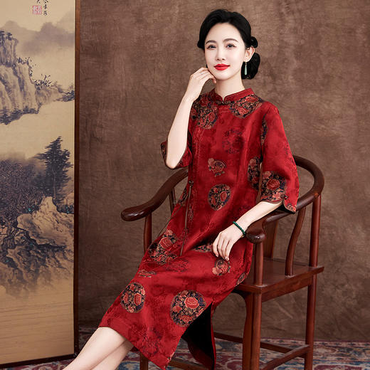 KQ-621622花萝香云纱新款年轻妈妈礼服婚宴喜婆婆结婚旗袍新中式真丝连衣裙 商品图1