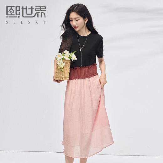 【专属特价】熙世界设计感撞色收腰连衣裙女假两件短袖T恤拼接裙子2025夏新款 商品图0