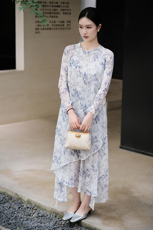 盛唐牡丹| 真丝雪纺斜摆长裙 商品图5
