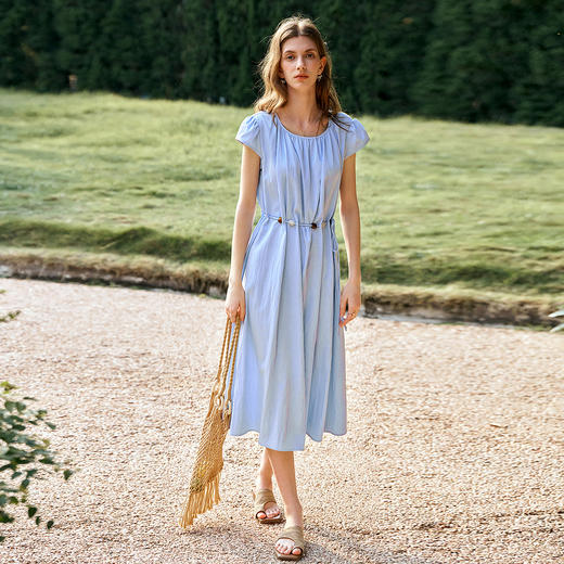 OLrain欧芮儿度假风串珠蓝色连衣裙女2025夏季新款法式独特掐腰裙 商品图3