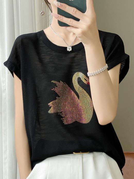 丁摩 百搭洋气圆领针织短袖t恤女夏季大码烫钻宽松百搭打底上衣新5ZF-2005 商品图8