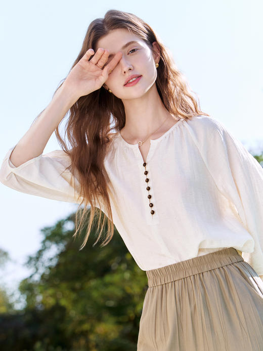 【百图lulu定制】【亚麻衬衫】亚麻混纺 休闲 显气质 V领 七分袖衬衫 商品图1