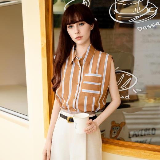 谜底条纹衬衫无袖女士2025夏新款复古文艺百搭直筒衬衣256MC6516 商品图0