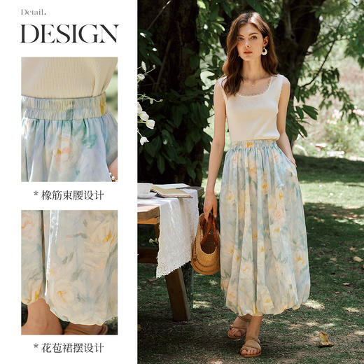 OLrain欧芮儿法式清新花色橡筋束腰花苞裙女夏季2025新款休闲裙子 商品图1