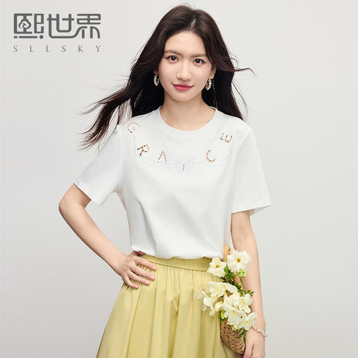 【五折购】熙世界镂空字母白色T恤短袖女2025夏季新款通勤休闲宽松显瘦上衣 商品图0
