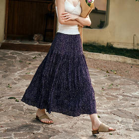 OLrain欧芮儿紫色印花度假半身裙女夏季2025年新款高腰显瘦A字裙