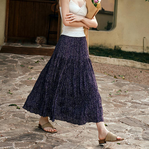 OLrain欧芮儿紫色印花度假半身裙女夏季2025年新款高腰显瘦A字裙 商品图0